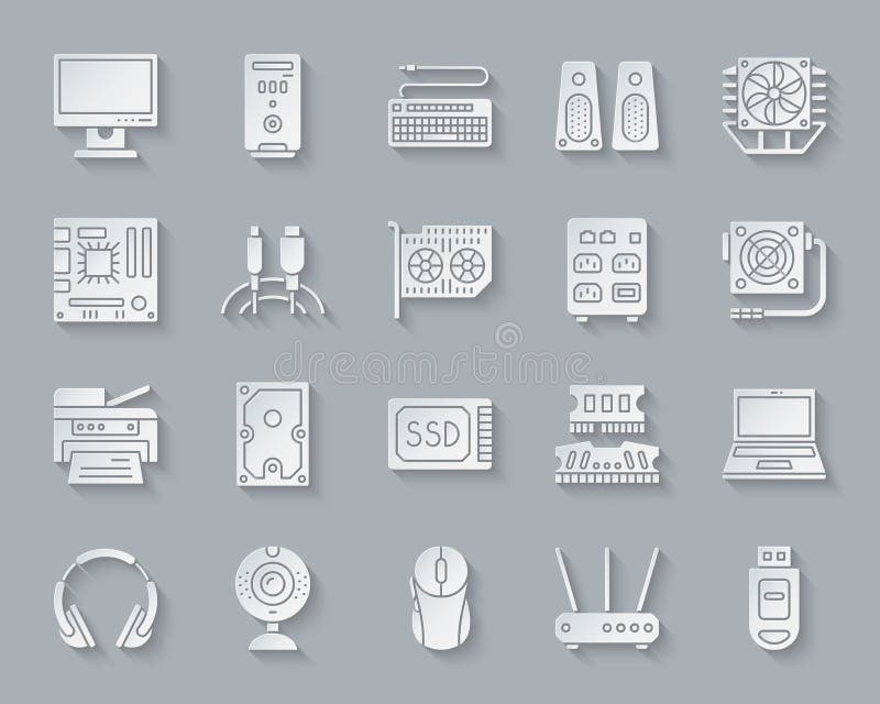 Computer simple paper cut icons vector set stock illustration