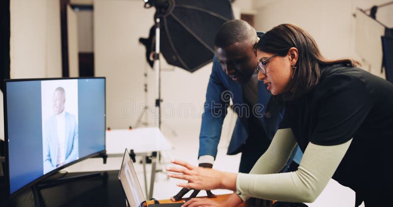 Computer, photographer and people in studio talking with results for editing, selection and process. Photography, creative and women with male model on tech for post production, planning and design. Computer editing stock images, royalty-free photos and pictures