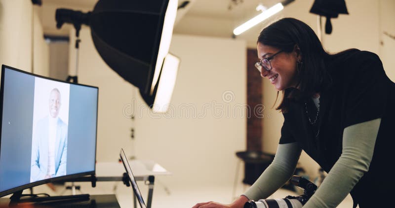 Computer, photographer and women in studio with results for editing, image selection and process. Photography, creative set and person with model on tech for post production, planning and design. Computer editing stock images, royalty-free photos and pictures