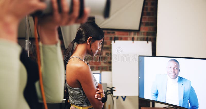 Computer, photographer and women in studio to check results for editing, selection and process. Photography, creative and person with male model on screen for post production, planning and design. Computer editing stock images, royalty-free photos and pictures