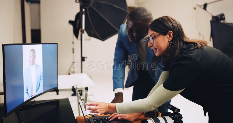 Computer, photography and team of people in studio with results for editing, selection and process. Photographer, creative and women with male model on tech for post production, planning and design. Computer editing stock images, royalty-free photos and pictures