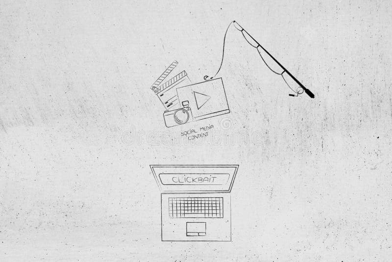 Computer portatile con il testo di Clickbait sullo schermo e sulla canna da pesca con così royalty illustrazione gratis