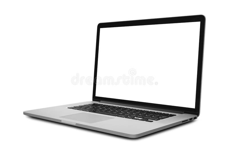 Computer portatile con lo schermo in bianco nella posizione ad angolo isolato su fondo bianco