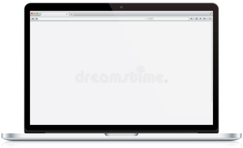 Computer portatile con lo schermo del browser. Computer portatile con un browser sullo schermo su bianco con una riflessione