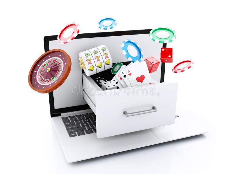 Computer portatile 3d con lo slot machine, le roulette, i chip, le carte della mazza ed i Di. Illustrazione 3D Computer portatile con lo slot machine, le roulette, i chip, le carte della mazza ed i dadi Concetto online del casinò Fondo bianco isolato