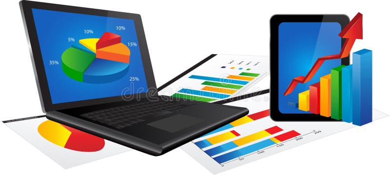 Computer portatile e compressa con il grafico di statistiche illustrazione di stock Computer portatile e compressa con il grafico di statistiche illustrazione di stock