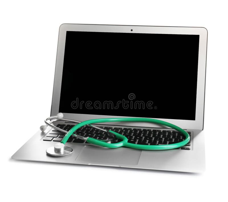 Computer portatile moderno con lo stetoscopio su fondo bianco Modello per progettazione