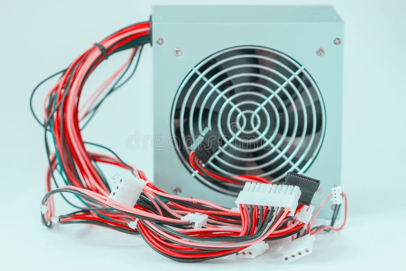 Computer Power Supply with Cables and Plugs Stock Photo Image of