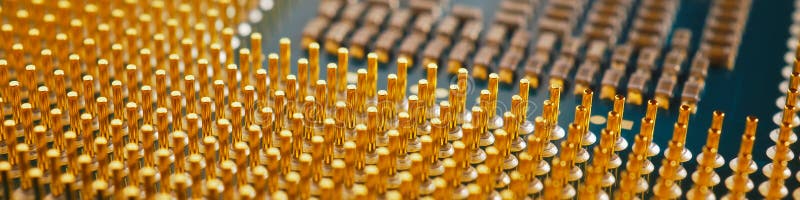 Computer processor banner close-up. Information technology headline. A pattern of contacts and semiconductors of a PC royalty free stock images