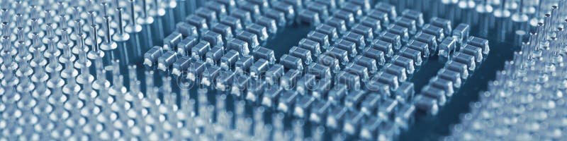 Computer processor closeup. Blue tinted banner. Information technology headline. A pattern of contacts and semiconductors of a PC royalty free stock image