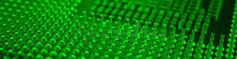 Computer processor close-up. Bright green tinted banner. Information technology headline. A pattern of contacts and semiconductors stock image