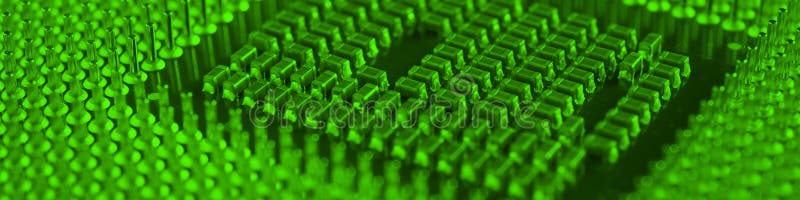 Computer processor close-up. Bright green tinted banner. Information technology headline. A pattern of contacts and semiconductors royalty free stock photography