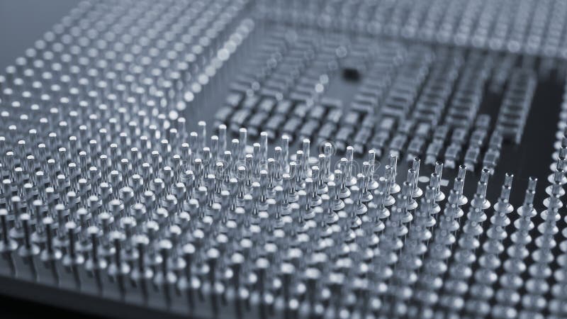 Computer processor close up. Dark gray tinted background or backdrop. Information technology wallpaper. A pattern of contacts and royalty free stock image