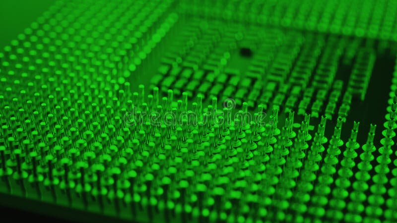 Computer processor close up. Dark green tinted background or backdrop. Information technology wallpaper. A pattern of contacts and royalty free stock images