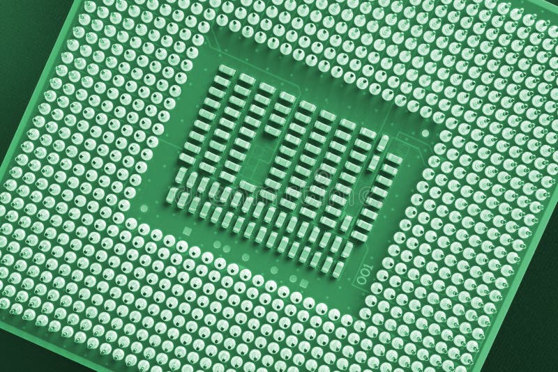 Computer processor close-up. Green tinted background or wallpaper. Top view. Backdrop on the theme of information technology and stock images