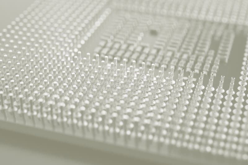 Computer processor close-up. Light gray tinted background or backdrop. Information technology wallpaper. A pattern of contacts and royalty free stock photos