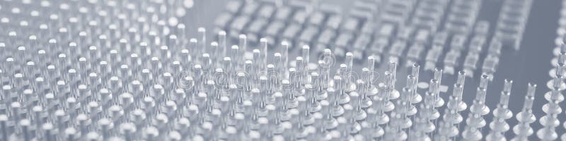 Computer processor close-up. Light gray tinted banner. Information technology headline. A pattern of contacts and semiconductors stock photography
