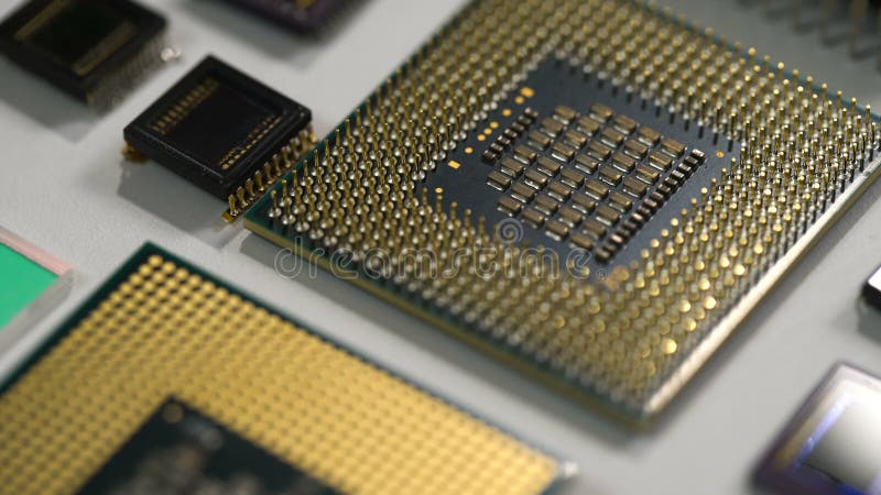 Computer processor and electronic components on white background. macro. Old components video