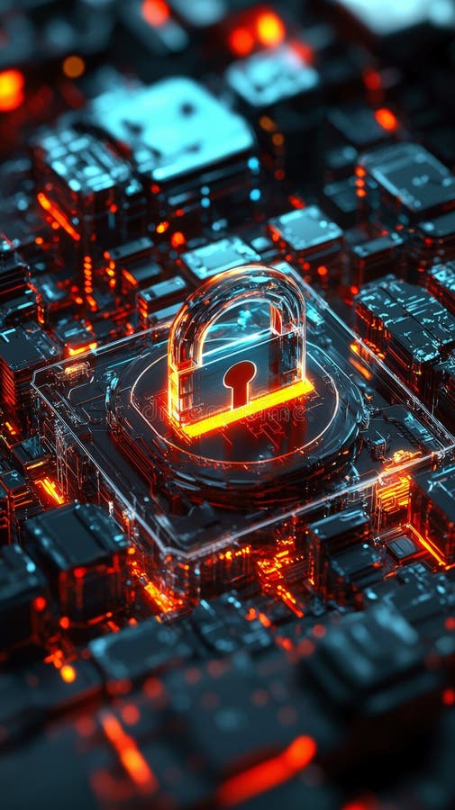 Computer processor with a security lock symbolizing data protection and cybersecurity measures stock illustration