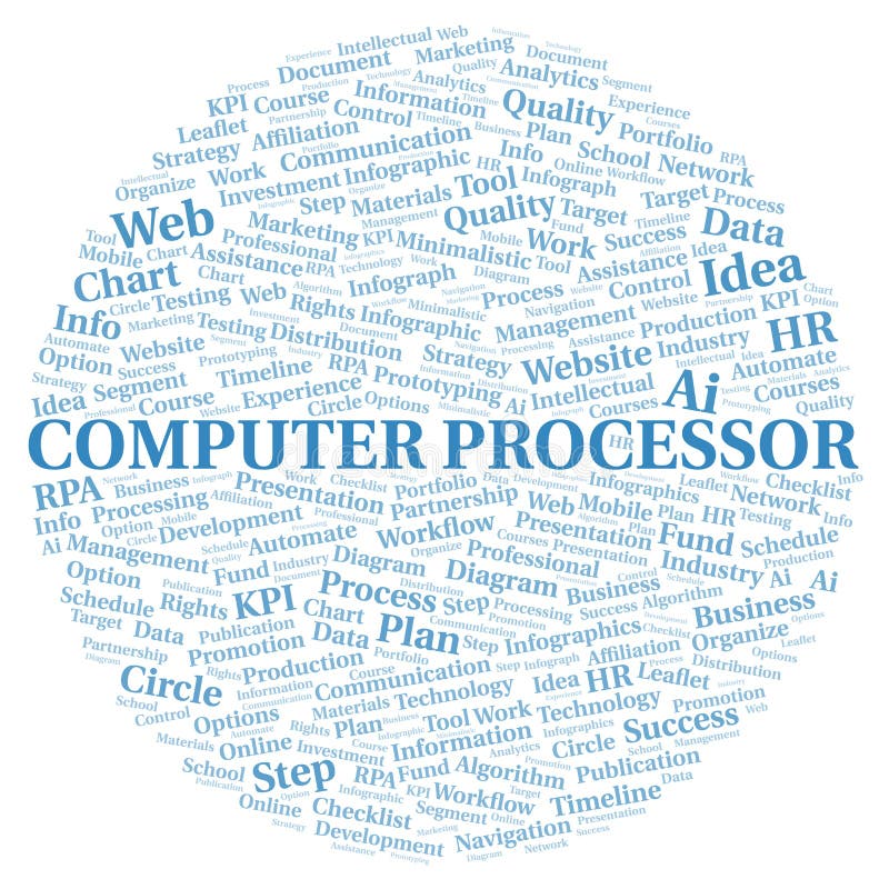 Computer Processor typography word cloud create with the text only. stock illustration