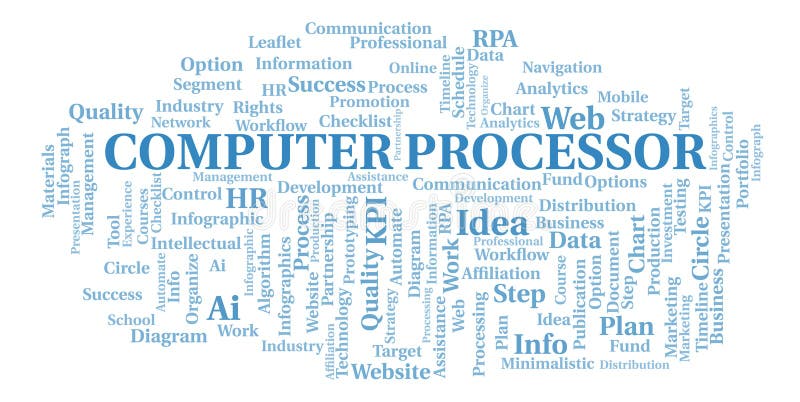 Computer Processor typography word cloud create with the text only. stock illustration