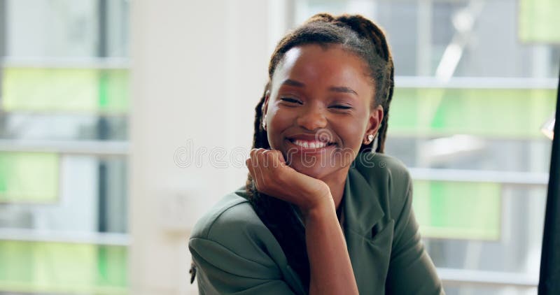 Computer, professional and face of black woman in office with smile, confidence and startup development. Portrait stock video footage