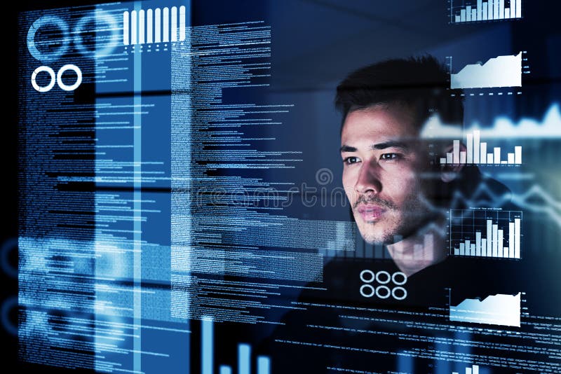 Computer, programmer and man with focus, hologram and night with cyber security, digital and software update. Male stock photography