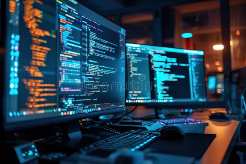 Computer Programmer Writing Code on Multiple Monitors at Night Stock ...