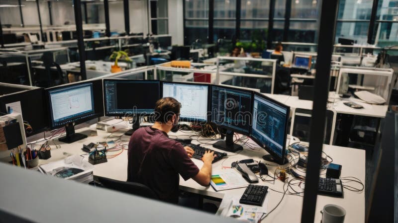 Computer programmer working with multiple monitors in busy open plan office stock photography