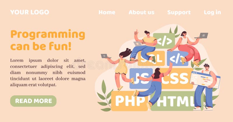 Computer programming. Landing page. Web design. Program coder team. Software agency. Professional website engineer vector illustration