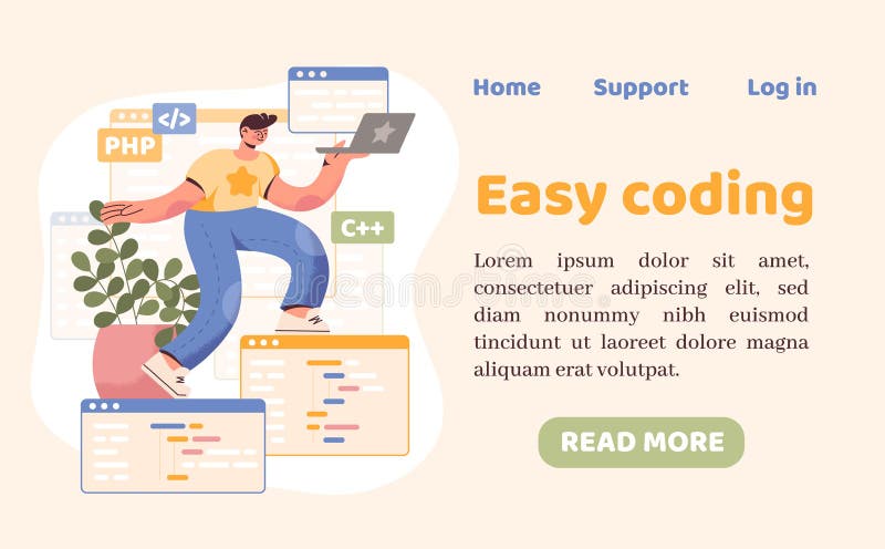 Computer programming. PC coding landing. Programmer or developer education classes. Web technology language study vector illustration