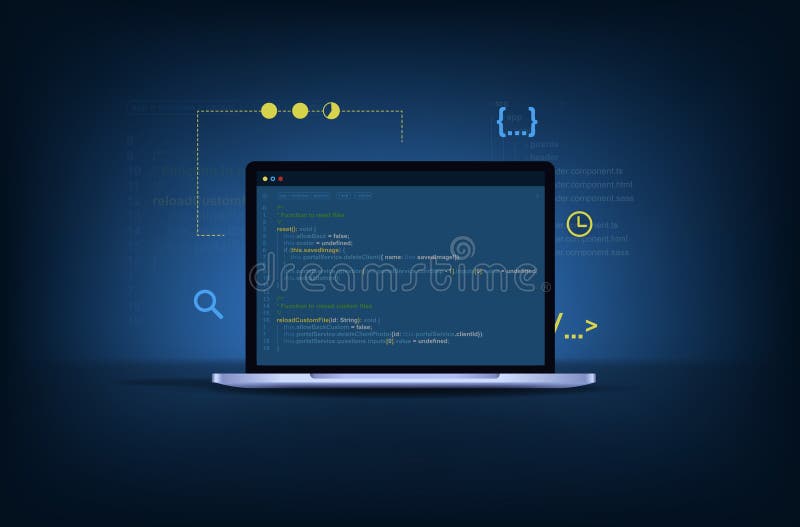 Computer programming, software development illustration with coding symbols. stock illustration