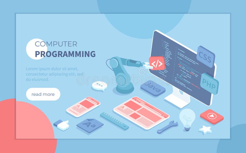 Computer programming, software, web, app development. Program code on monitor screen, website template on on tablet and phone. Iso vector illustration