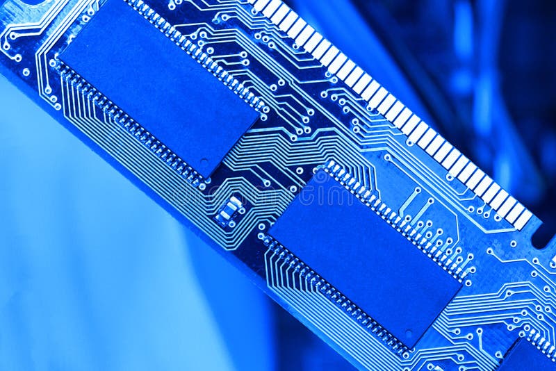 Computer RAM, system, main memory, random access memory, high-tech computer detail toned blue close-up, new modern intelligent stock photos