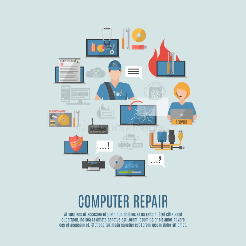 Computer store, computer service, computer components, parts flat  illustration Stock Vector