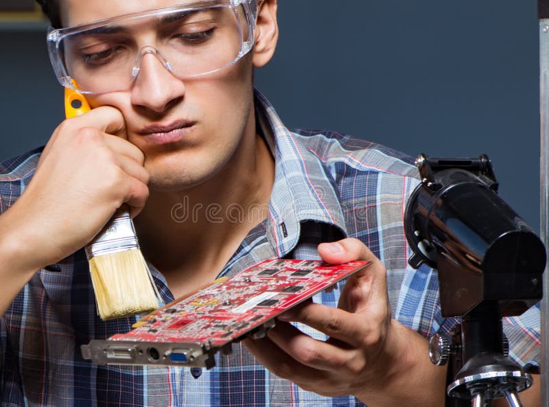 Computer Repair Man Cleaning Dust with Brush Stock Image Image of