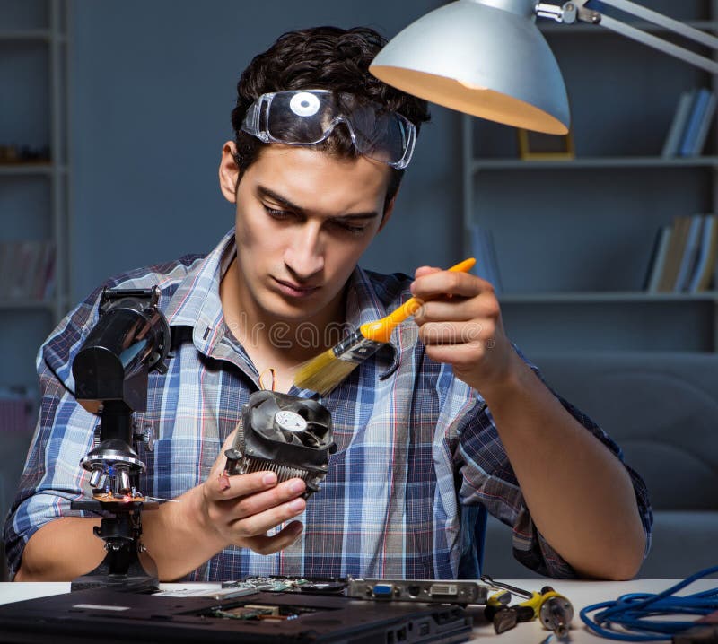 Computer Repair Man Cleaning Dust with Brush Stock Photo Image of failure, circuit 194359334