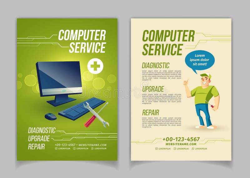Počítač udržiavať, vylepšiť a opraviť služba návrh maľby vektor reklama brožúra, leták stránky šablóna.