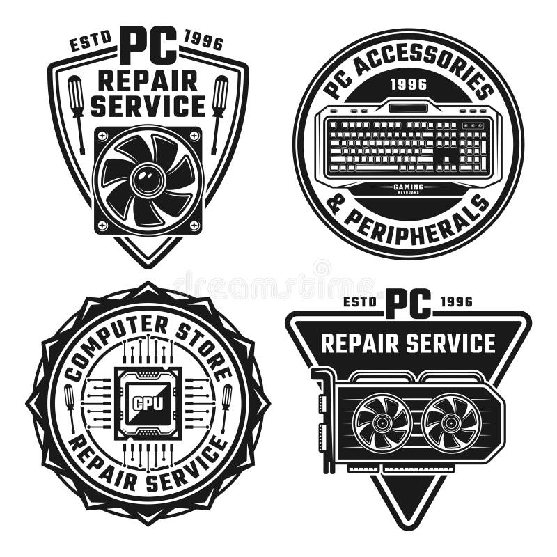 Computer Repair Service Set of Four Vector Emblems Stock Vector