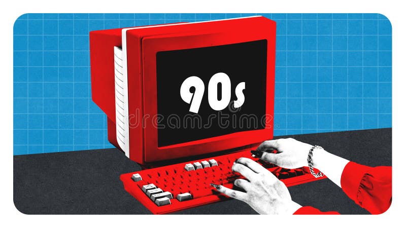 Computer rosso in grassetto con tastiera classica che visualizza 90 sullo schermo nel poster grafico. illustrazione vettoriale