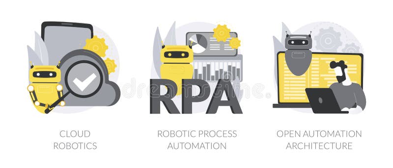 Computer science abstract concept vector illustrations. Cloud robotics technology, robotic process, open automation architecture, AI-based software, open source industrial soft abstract metaphor.