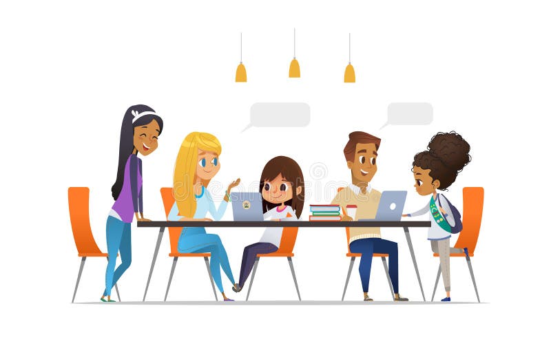 Computer Science Club. Happy children and students sitting at laptops talk to each other and learning programming royalty free illustration