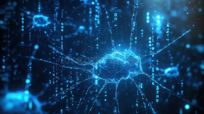 A computer screen with a blue brain and binary code vector illustration