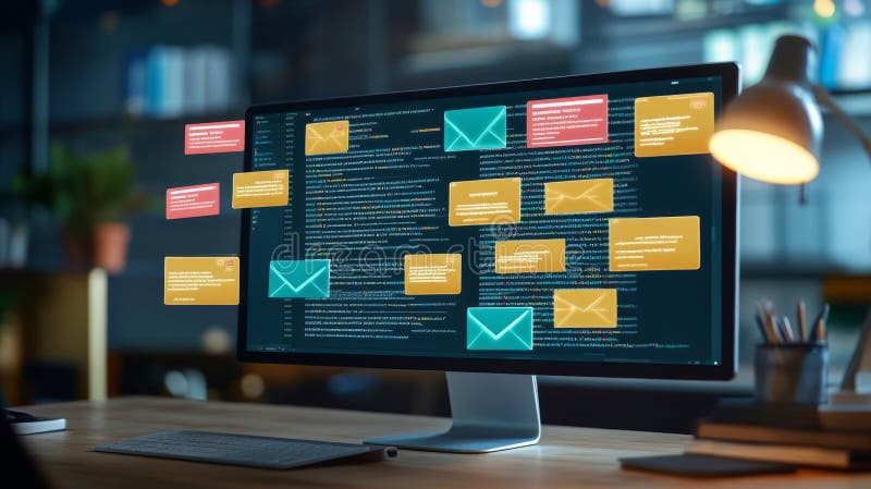 Computer Screen Displaying Email Notifications and Code vector illustration