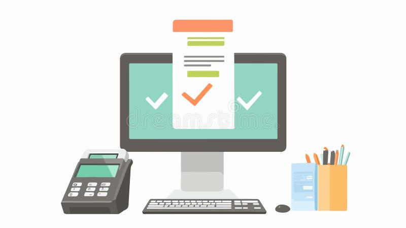 A computer screen displays a printed receipt with a currency symbol, indicating an online transaction or digital payment. The structured format suggests financial documentation, e-commerce, or accounting processes. Accounting processes vectors