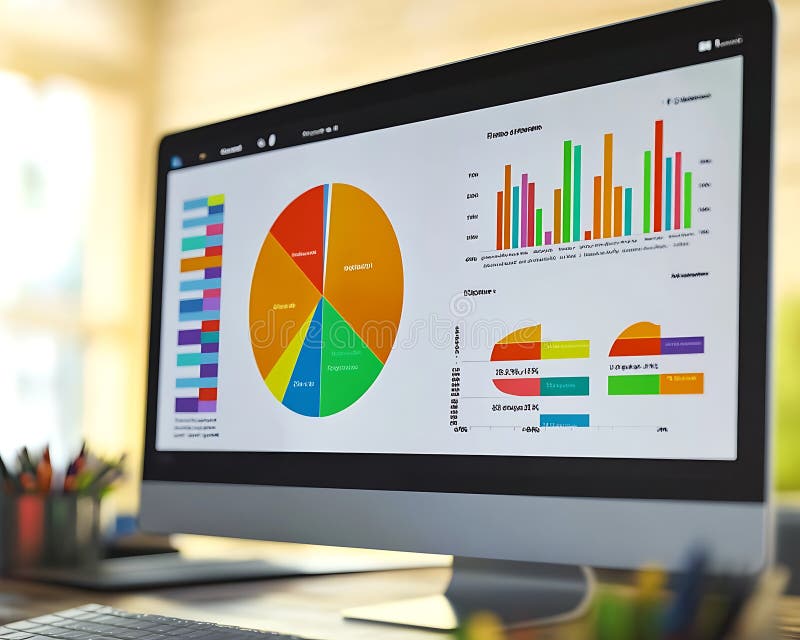 Computer screen displaying colorful charts and graphs in a modern office space stock illustration
