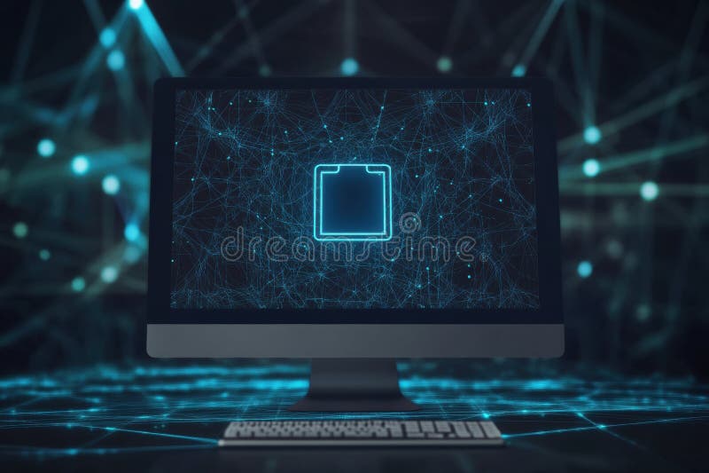 The computer screen features a glowing protection icon against a backdrop of a digital network, emphasizing royalty free stock image