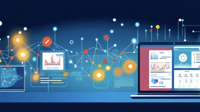 A computer screen with many different graphs and icons vector illustration