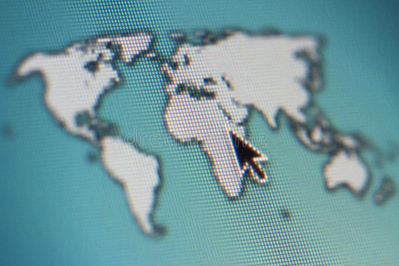 Computer Screen Map. A simple illustration of a world map on a computer screen with a pointer.