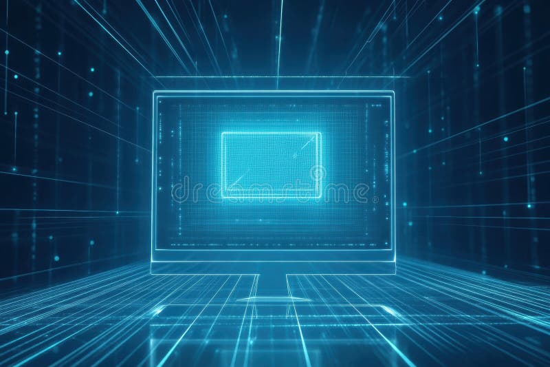 The computer screen prominently features a glowing protection icon within an advanced digital setting, emphasizing royalty free stock photo